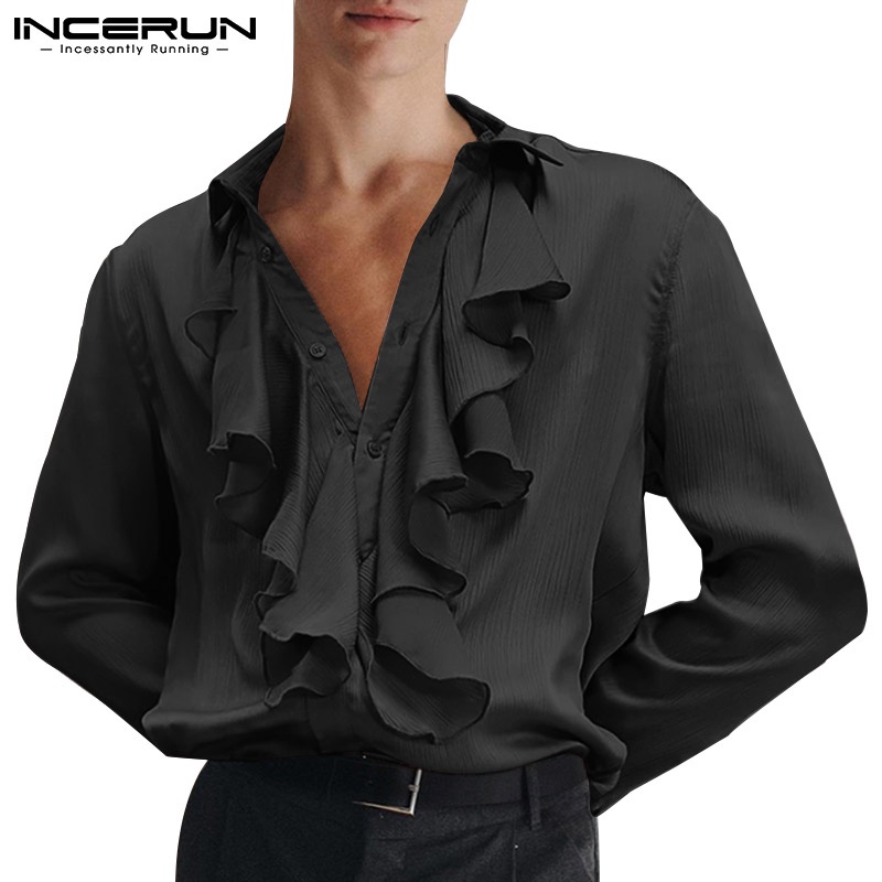 Áo sơ mi Incerun tay dài phối bèo màu trơn thời trang sang trọng thích hợp cho nam