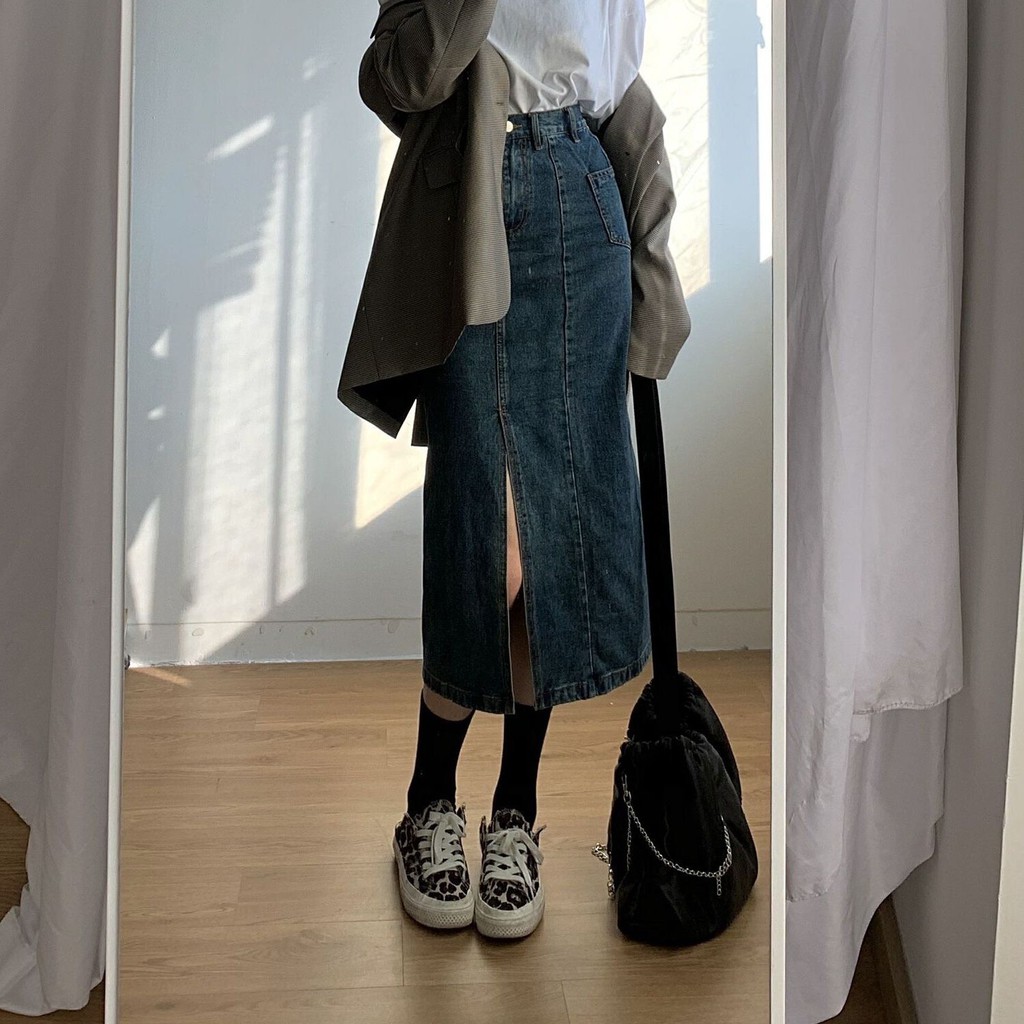 Chân váy jeans CV005 dáng dài xẻ tà - Uni By Heart