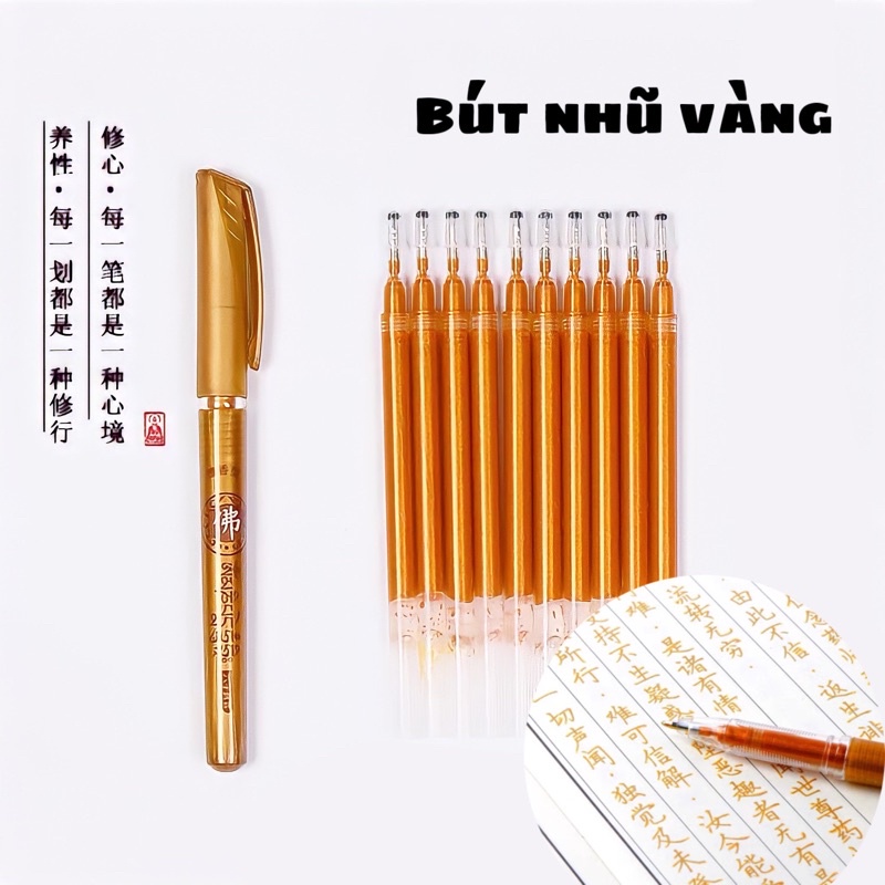 (1 bút + 10 ngòi) BÚT NHŨ VÀNG CHUYÊN DỤNG CHÉP KINH , VIẾT CHỮ HÁN mực thơm Đàn Hương
