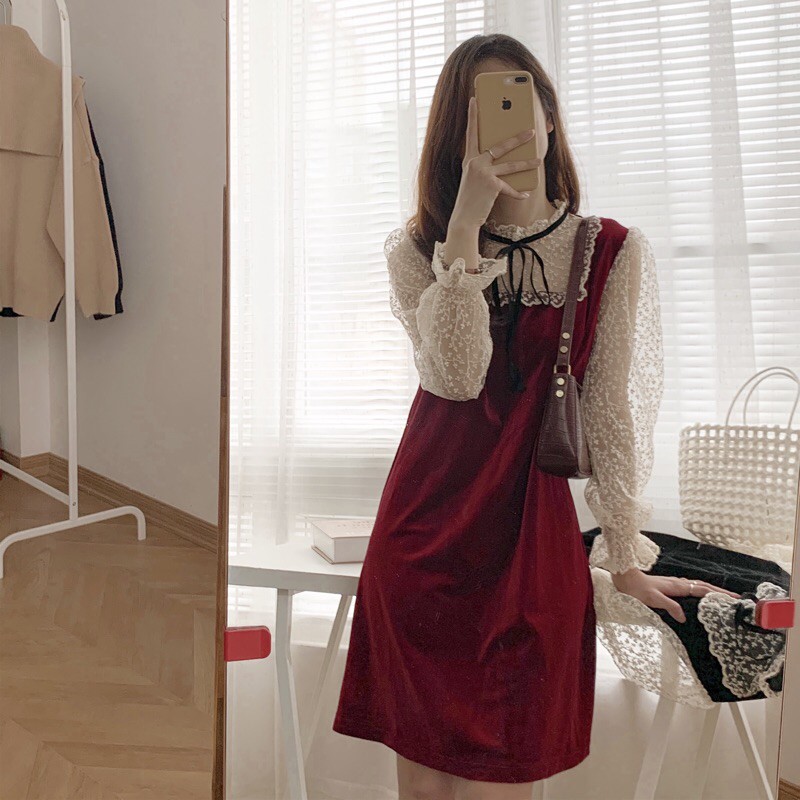 Váy nhung cổ nơ ren thêu hoa/Holiday item