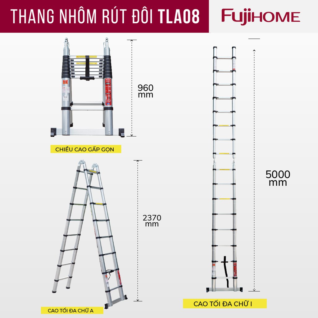 Thang nhôm rút chữ A Nhập Khẩu 4,4M - 5M gấp gọn chính hãng FUJIHOME, thang rút đôi xếp gọn gia đình đa năng Nhật Bản