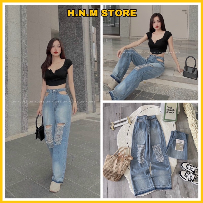 (Chuyên sỉ ) Quần jean ống rộng nữ lưng cao rách nhiều khoét eo nhấn lai dưới thời trang H.N.M STORE