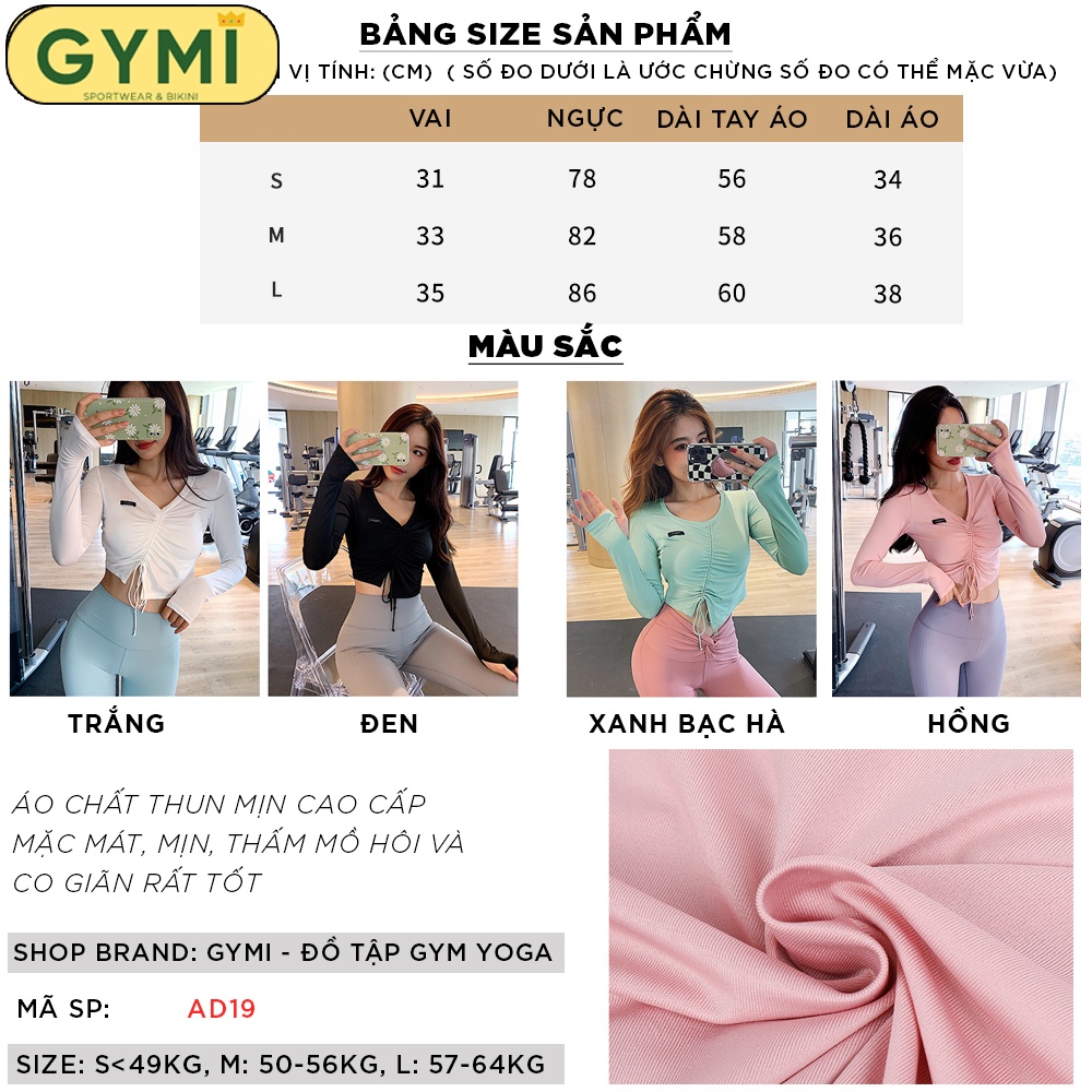 Áo tập gym yoga nữ dài tay GYMI AD20 dáng croptop thể thao chất thun mịn có dây rút co giãn sexy