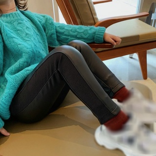 Quần legging ôm dáng da PU lót lông cừu giữ ấm thời trang mùa đông cho bé gái