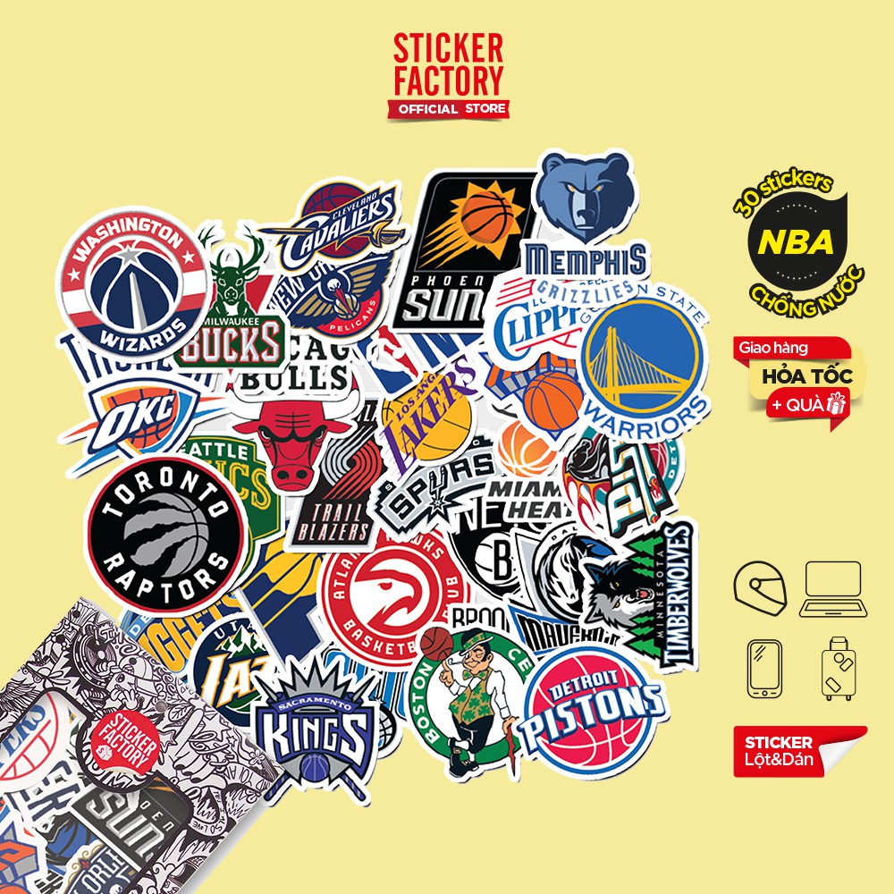 Hộp set 30 sticker decal hình dán nón bảo hiểm , laptop, xe máy, ô tô STICKER FACTORY - NBA