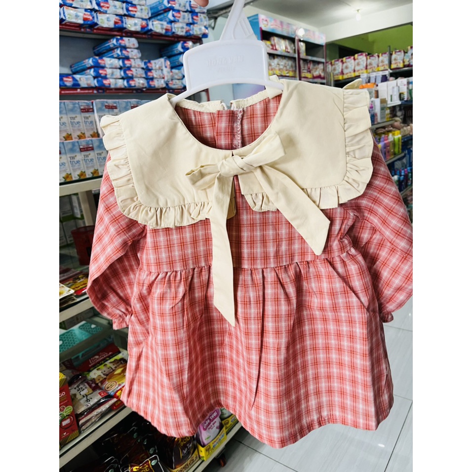 Váy Babydoll Tay Dài kết hợp họa tiết kẻ caro Cho Bé 10-18 kg