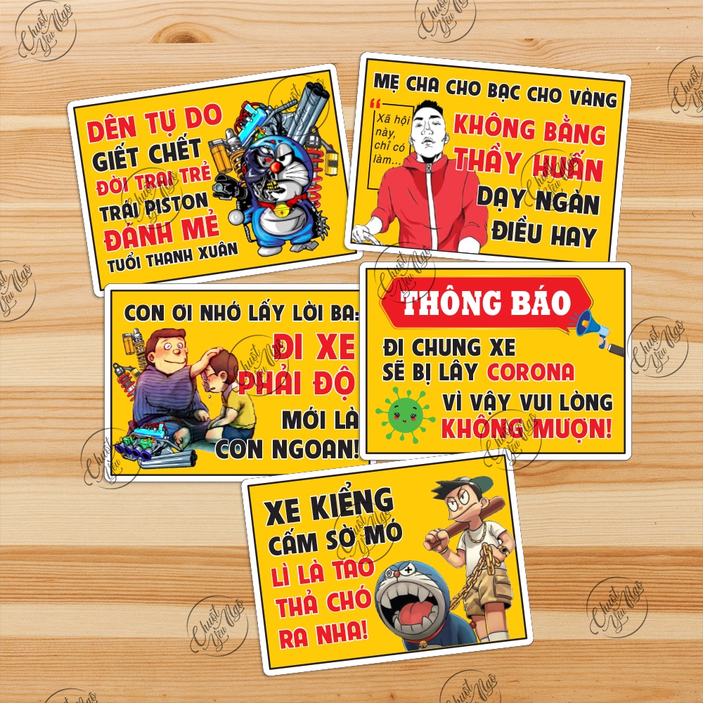 Nguyên bộ 24 tem cảnh báo vui mượn xe nhớ đỗ xăng không chạm xe tôi xe ai náy chạy xe má mua đua má la xe kiểng cấm sờ