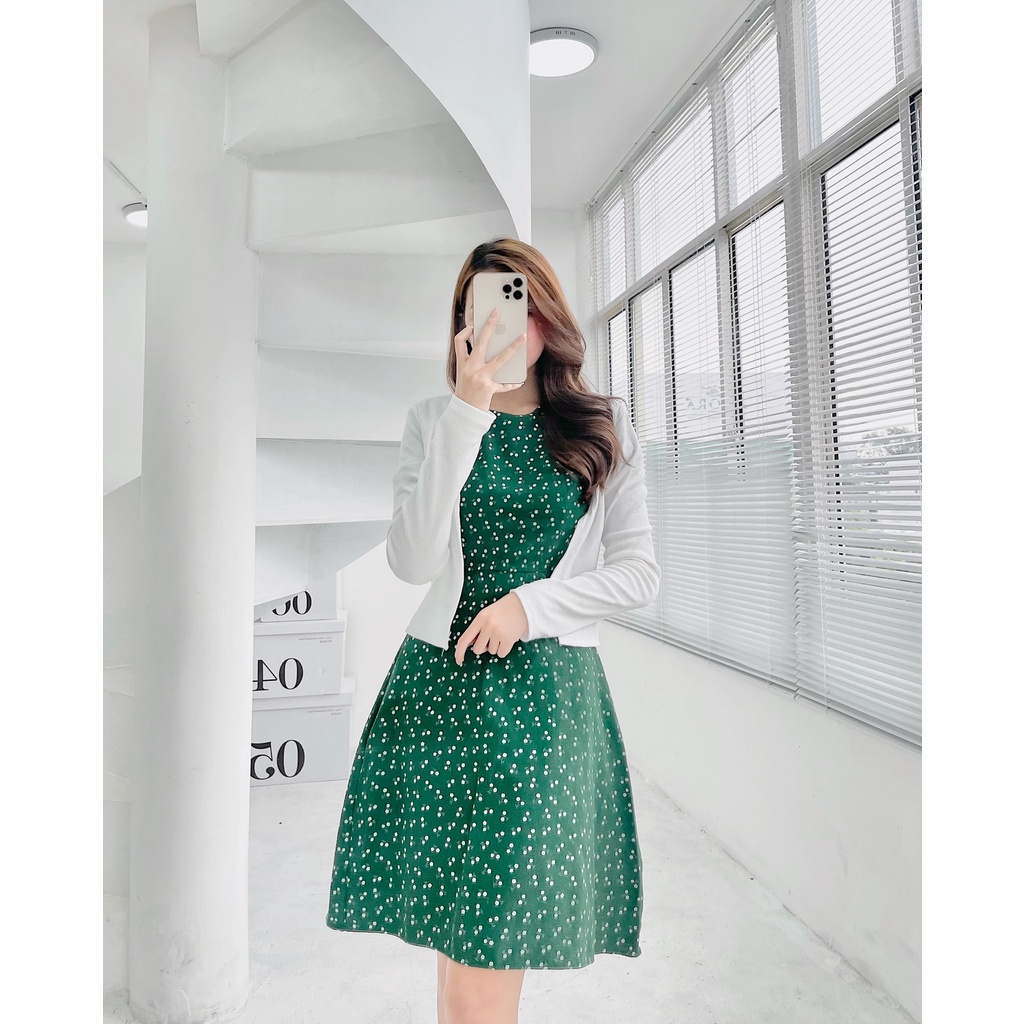 đầm nữ đầm dáng xòe, set midi đầm hoa xanh cổ tròn kèm áo khoác siêu xinh lun chất vải cực chất lịm Diểm Shop | BigBuy360 - bigbuy360.vn