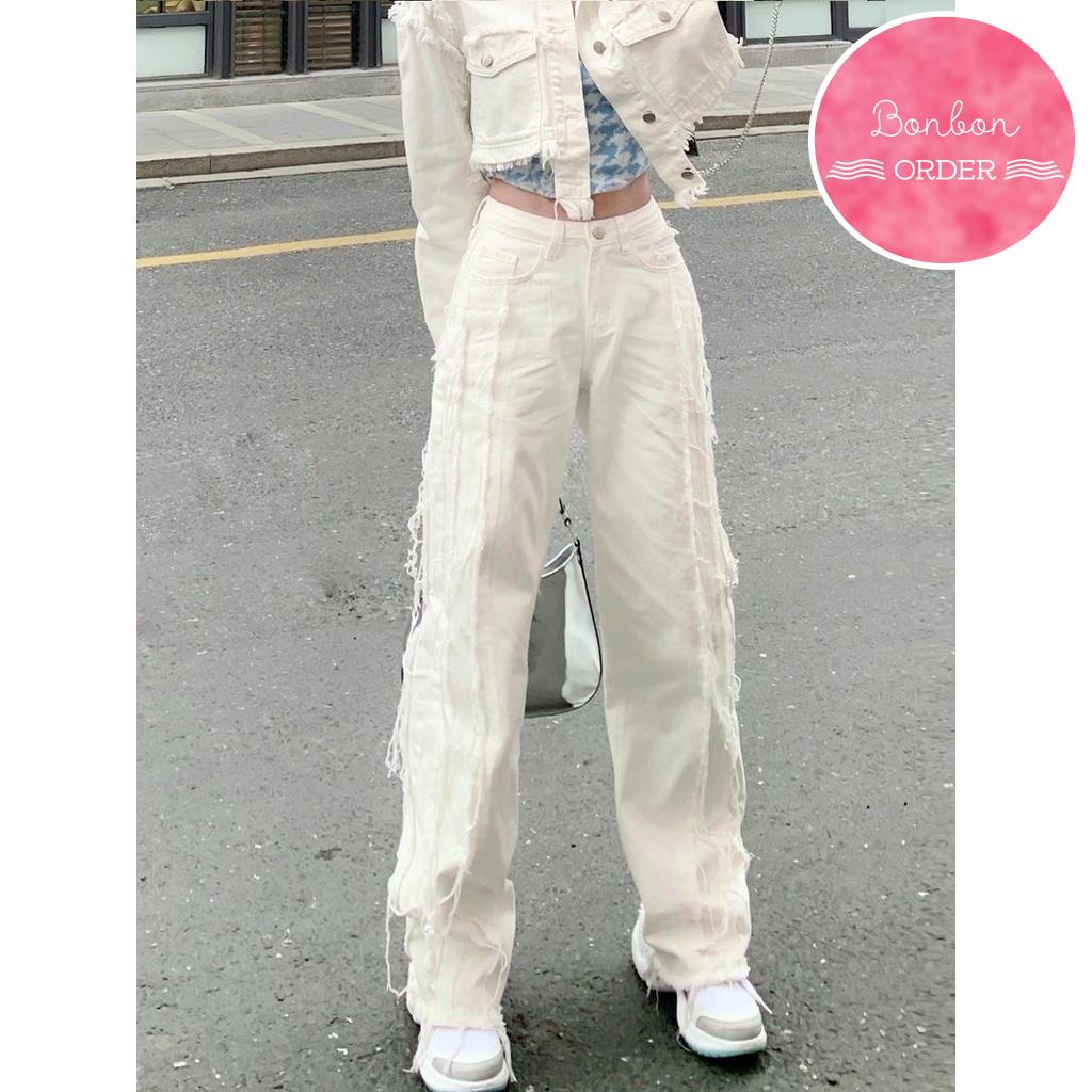 QUẦN JEAN ULZZANG ỐNG RỘNG TRẮNG TUA RUA