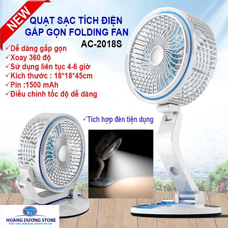 Quạt Mini Để Bàn Gấp Gọn, Quạt Sạc Tích Điện Folding Fan Kiêm Đèn Led Tiện Dụng, Quạt Treo Tường Đa Năng