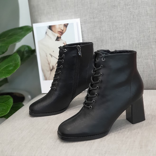 Giày boot nữ da mềm B SHOES, boot buộc dây siêu cá tính, boot mũi vuông cổ thấp, gót cao 7p B14