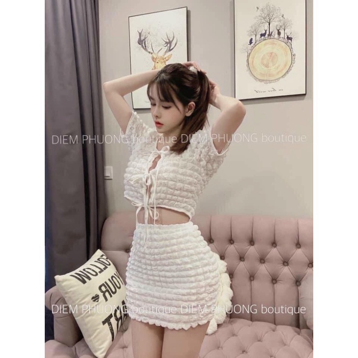 Set bộ croptop đũi xốp ô nổi mix chân váy ngắn chữ a BN488 0322