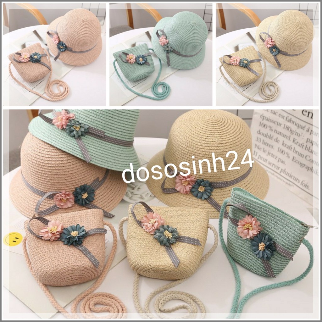 Set  nón và giỏ đeo chéo hoa xinh yêu cho bé gái