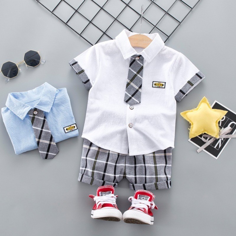 Set áo sơ mi tay ngắn và quần short caro cho bé trai