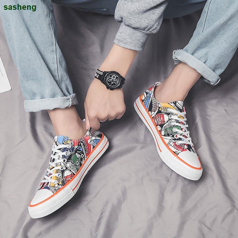 Giày Thể Thao Vải Canvas Cổ Thấp Thoáng Khí In Họa Tiết Graffiti Phong Cách Hàn Quốc Thời Trang Mùa Hè Mới 2020 Cho Nam
