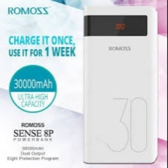 Pin sạc dự phòng Romoss Sense 8P+ 30000mAh Sạc nhanh QC3.0 và Sạc nhanh 2 chiều TypeC (Trắng) [CHÍNH HÃNG]