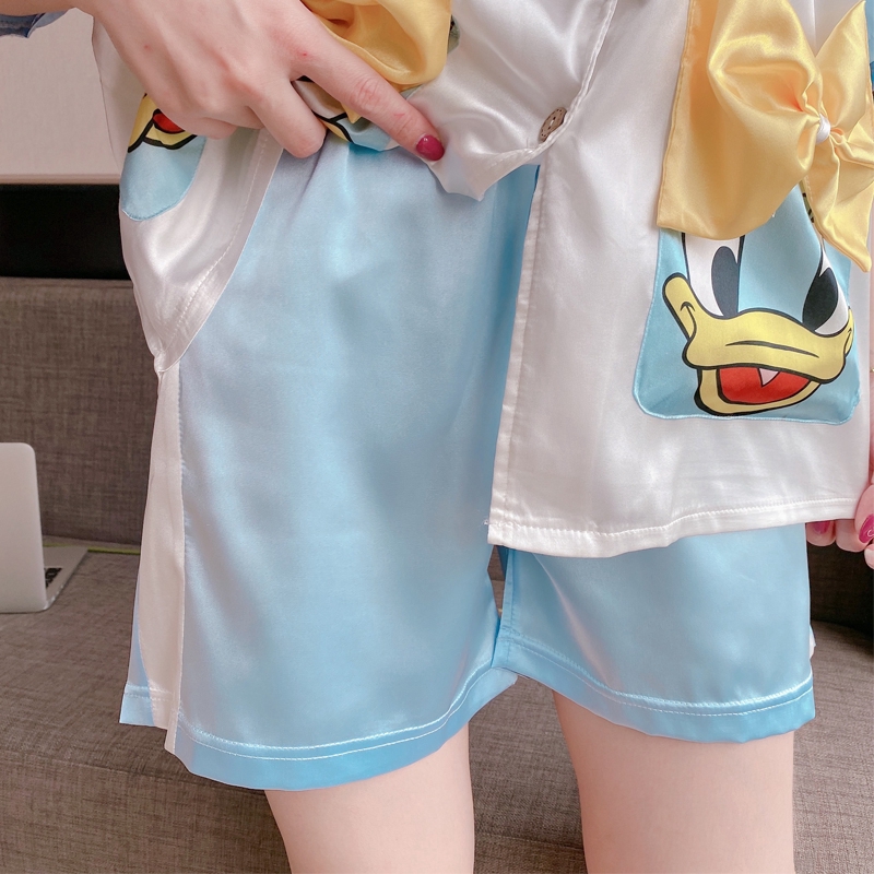 Xiaohan Korean Satin Sleepwear Set Loose Casual Shirt Style Pajamas for Women Cartoon Print Pyjamas Terno Nightwear Suit