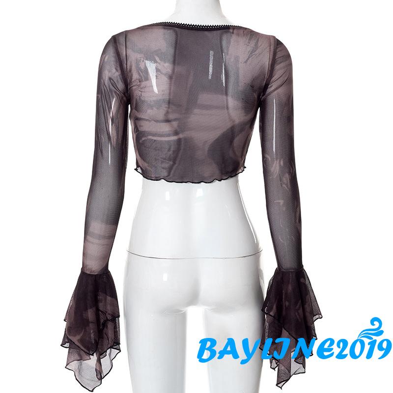 Áo Croptop Dài Tay Thiết Kế Nhún Bèo Thời Trang Cho Nữ