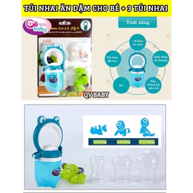 Bộ túi nhai ăn dặm Gb baby kèm 3 núm 3 và dây đeo 5 tháng - 2 tuổi
