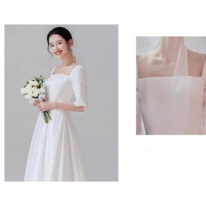 Váy đi bàn, Váy cưới chụp ảnh xoè dài, cổ vuông tay xẻ V