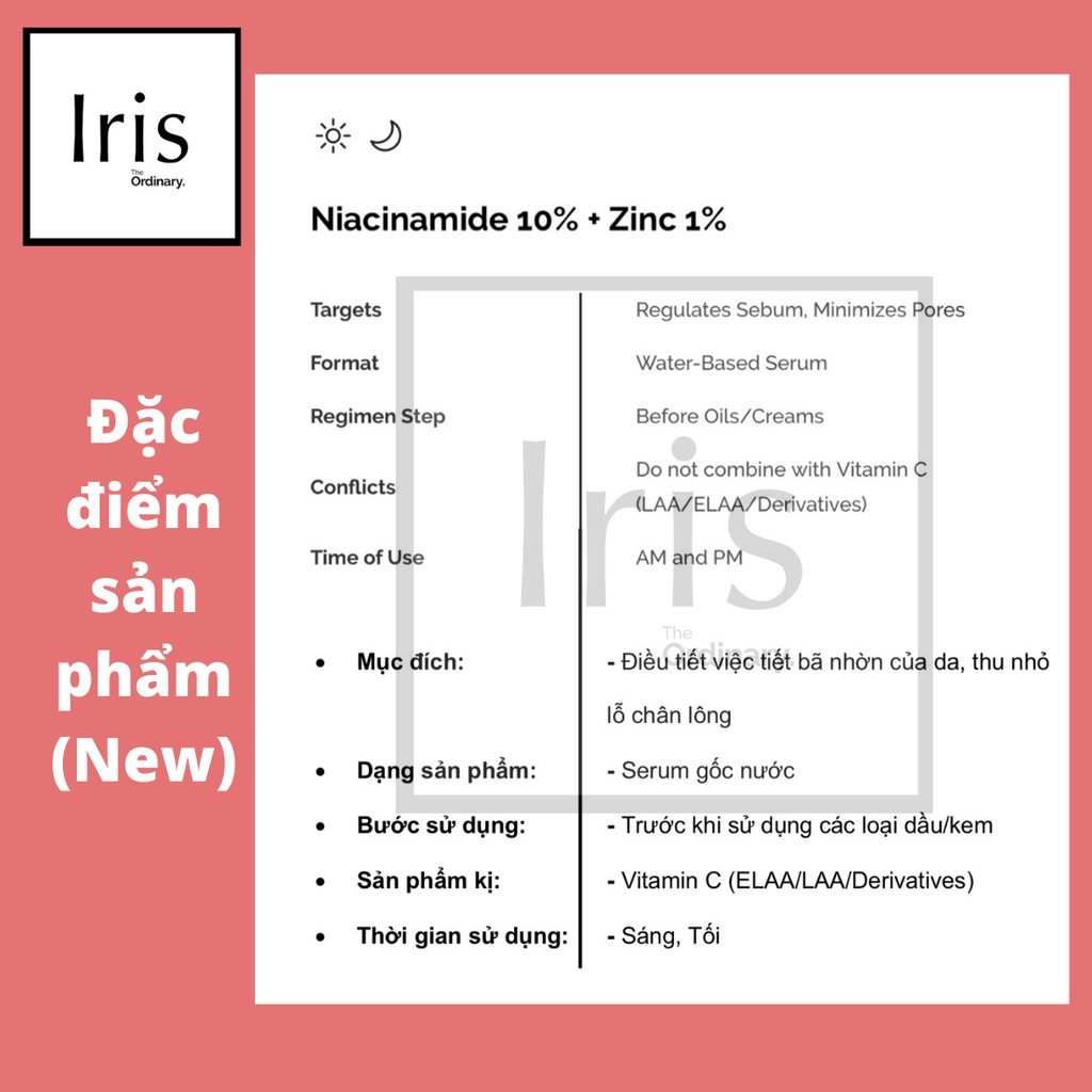 (BILL CANADA) Tinh chất, serum hỗ trợ giảm mụn, thu nhỏ lỗ chân lông Niacinamide 10% + Zinc 1% - The Ordinary.