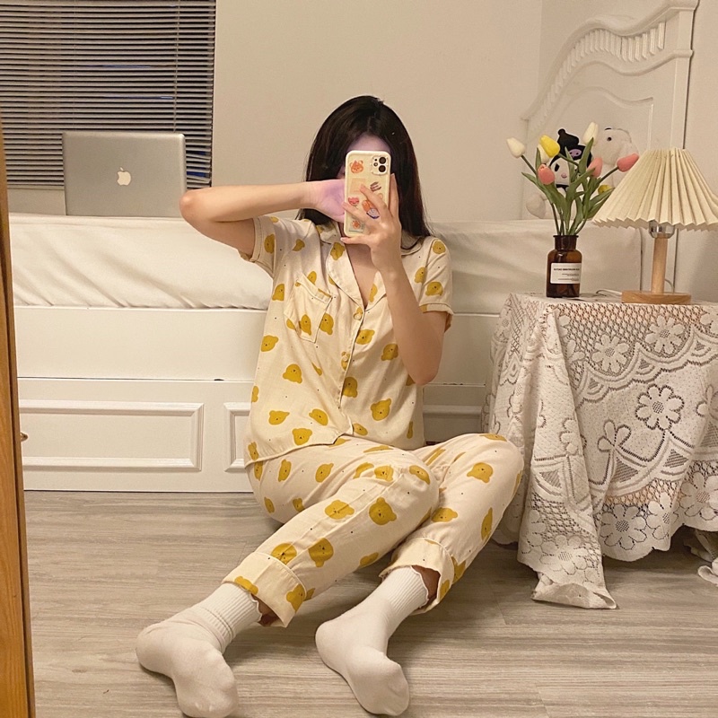 Đồ bộ nữ mặc nhà dễ thương, bộ ngủ hoạt hình cao cấp tay cộc quần dài mùa hè chất đũi lụa tơ Thái