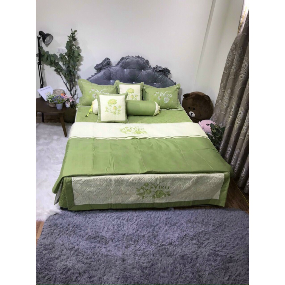 Set chăn ga gối satin 7 món thêu cực đẹp dùng phòng cưới,làm quà tặng biếu sang trọng có kèm túi
