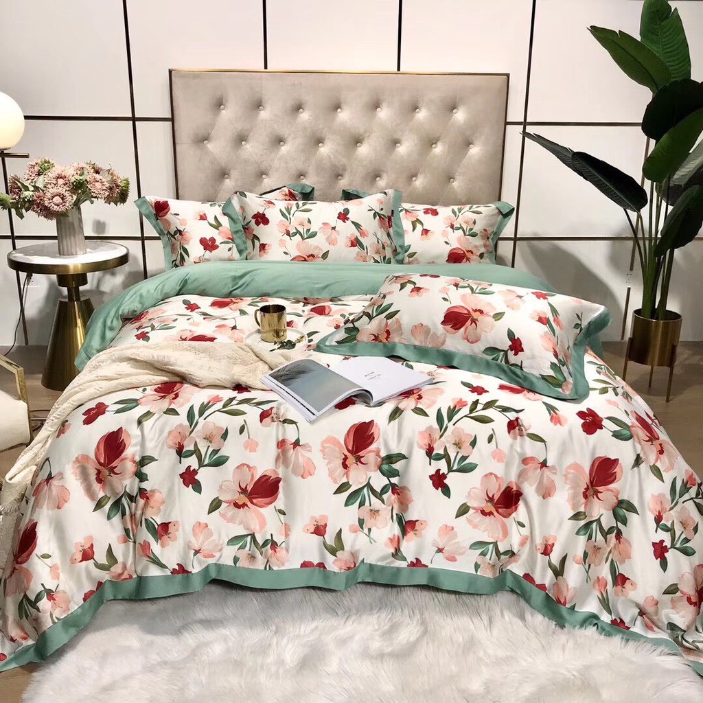 Tencel 60s hoa lá-Bộ chăn ga Tencel cao cấp