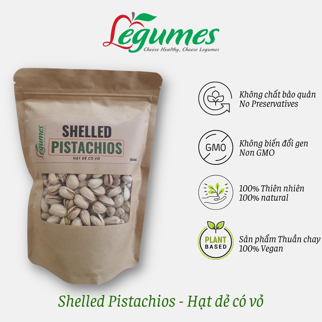 Hạt dẻ cười Mỹ giàu dinh dưỡng không chất bảo quản và phẩm màu nhân tạo 500gr - Pistachios Légumes Việt Nam