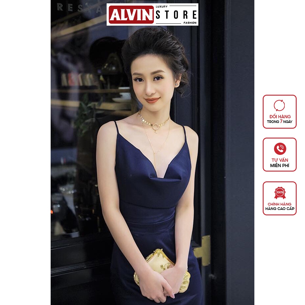 Đầm Dự Tiệc Lụa Cao Cấp Ôm Body Cổ Đổ Hở Lưng Alvin Store Chân Váy Đuôi Cá Phong Cách