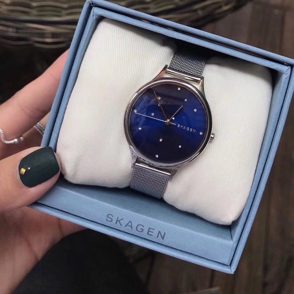 Đồng Hồ Skagen Nữ SKW2391 Dây Lưới Bạc Mặt Xanh Blue 34mm Chính Hãng