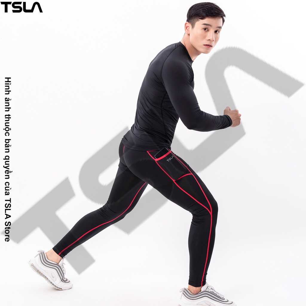 Quần legging thể thao combat bó cơ nam TSLA có túi bản lưng to body co giãn tập gym chạy bơi lội quần lót - Hàng mới về