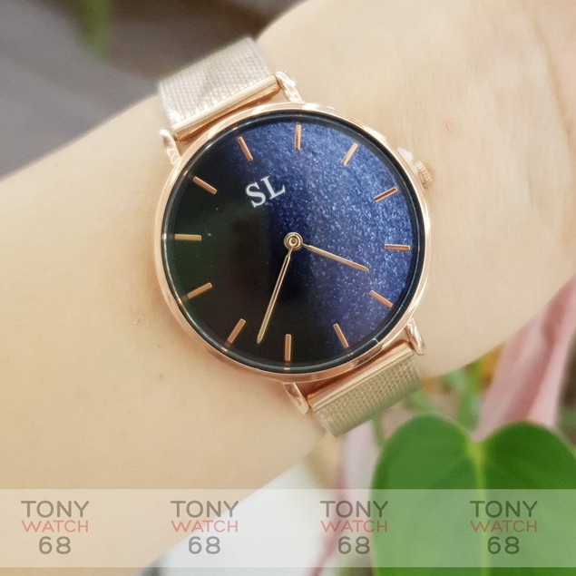 Đồng hồ nữ SL dây kim loại vàng hồng mặt nhũ 2 màu độc đáo chống nước chính hãng Tony Watch 68