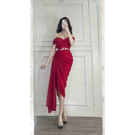 Đầm body dạ hội dự tiệc trễ vai nhún eo sang trọng Shalim