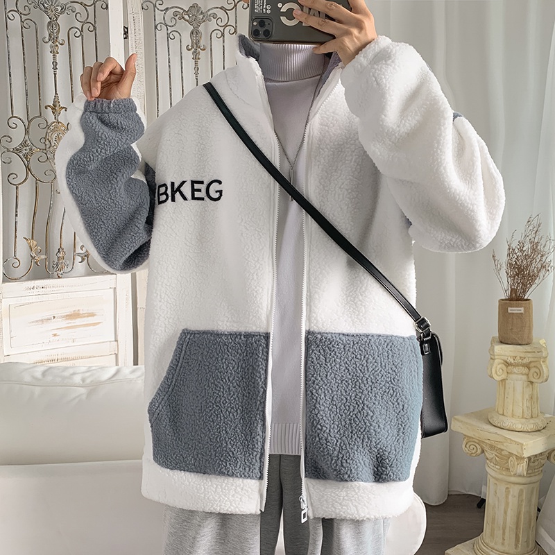Áo khoác len lông cừu cổ đứng dáng rộng đơn giản thời trang mùa đông Nhật Bản cho nam