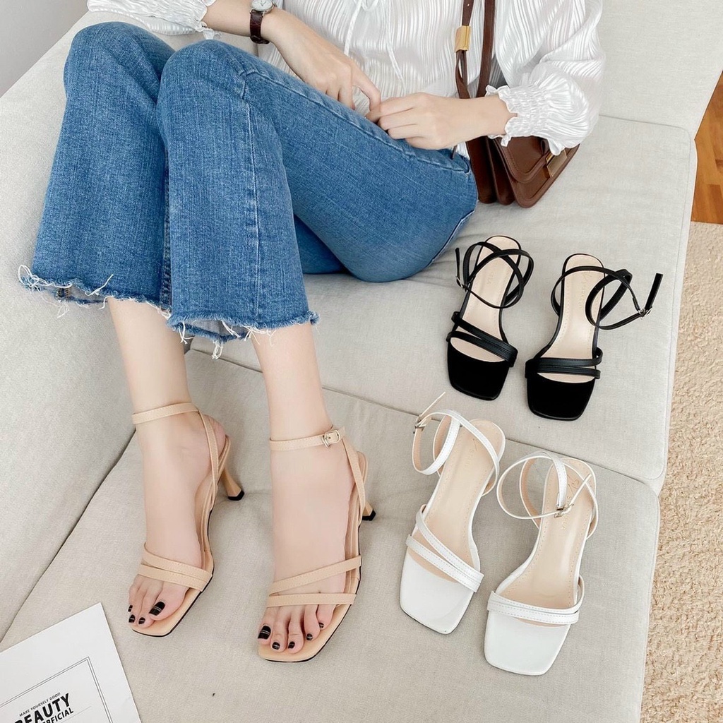 Sandal da lỳ mịn dây vát chéo gót đũa - 7P