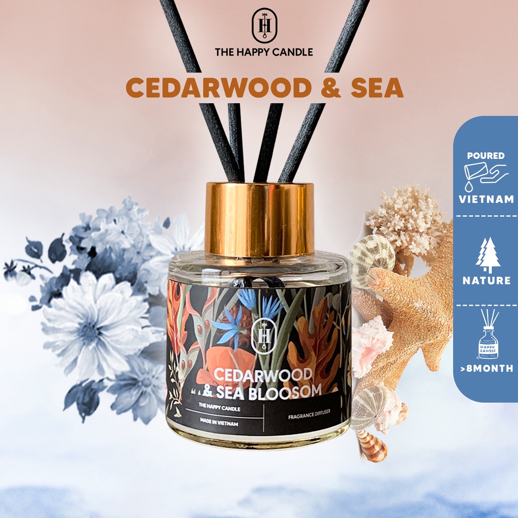 50ml, Tinh dầu thơm phòng cao cấp 100% thiên nhiên, Lọ cắm que, Vietnam diffuser - CEDARWOOD SEA BLOSSOM - THƠM DECOR