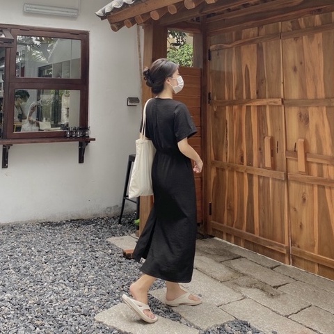 Váy nữ dáng suông dài vintage Linly Store thắt eo form rộng V-TS