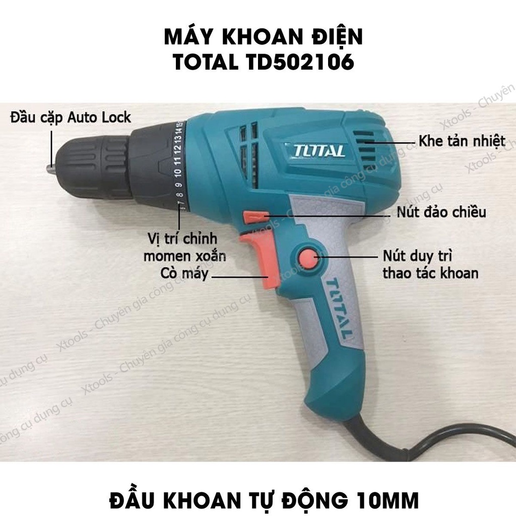 Máy khoan cầm tay TOTAL TD502106 công suất 280w, tốc độ750 rpm khả năng khoan 10 mm, đầu khoan tự động: 10mm, điện áp 22