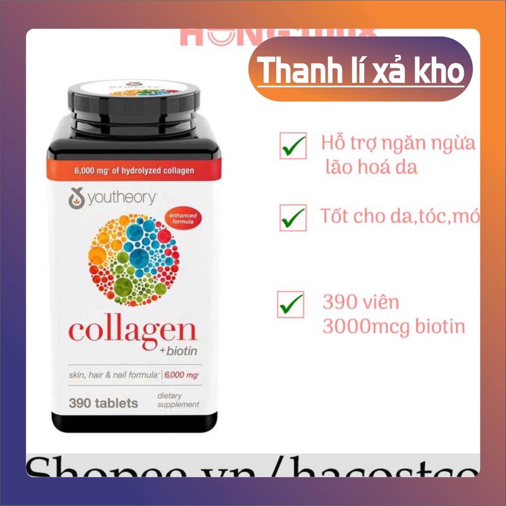 THANH LÝ XẢ KHO Viên Uống Youtheory Collagen Advanced 390 Viên collagen Type 1,2&3 - Mẫu mới THANH LÝ XẢ KHO