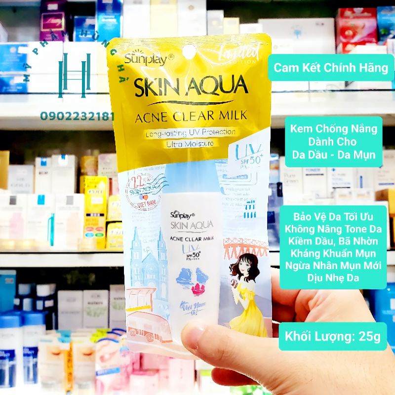 Kem chống nắng Sunplay Skin Aqua, sữa chống nắng dưỡng da ngừa mụn Acne Clear Milk SPF 50 25g