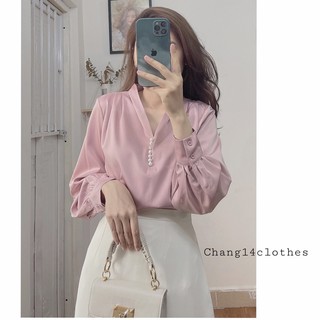 Áo sơ mi lụa cổ v đính ngọc dài tay công sở