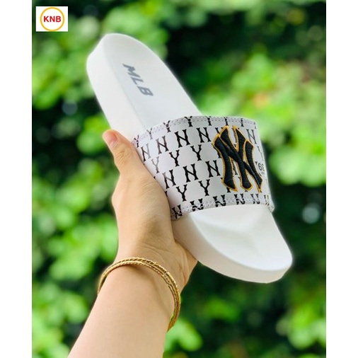 Dép MLB 𝐌𝐋𝐁 ❤️Freeship + Hộp❤️Dép NY bóng chày quai ngang thể thao nam nữ chữ thêu nỗi kèm ful tag mác trắng đen