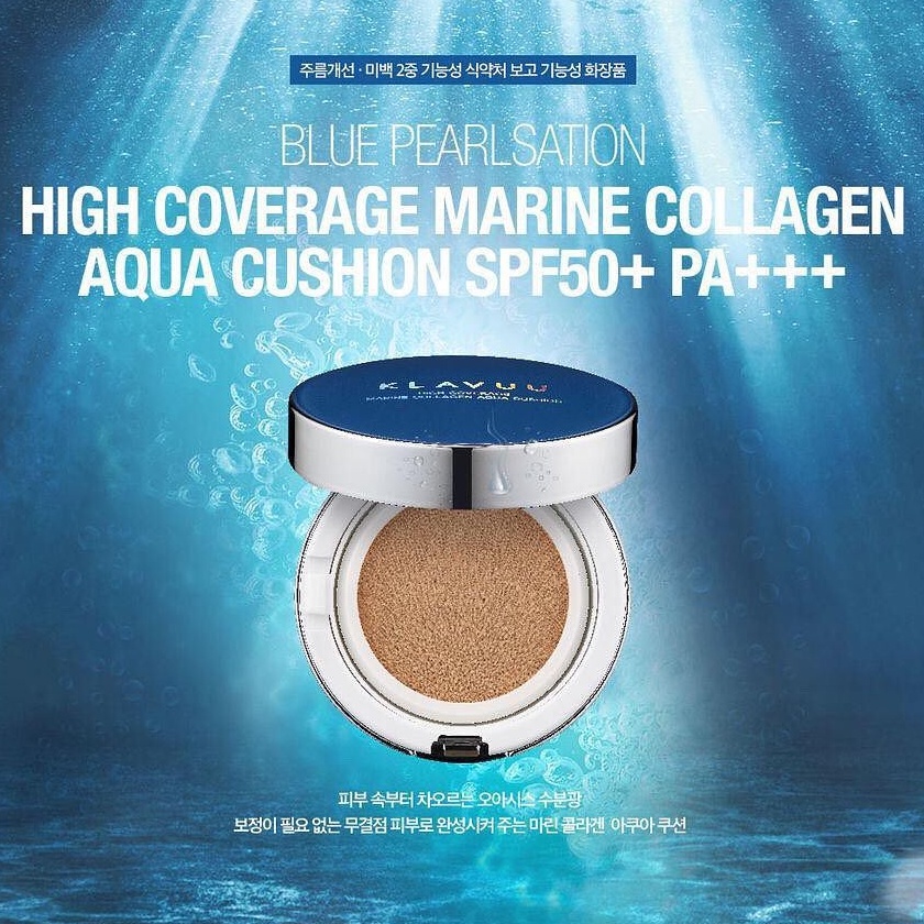 Phấn Nước Klavuu Che Phủ Mỏng Mịn Chống Nắng Blue Pearlsation High Coverage Marine Collagen Aqua Cushion SPF50+PA+++