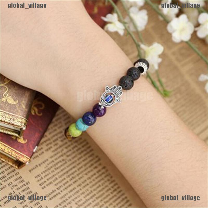 [global] Hamsa Hand Chakra Gemstone Bracelet Lava Stone Crystal Reiki Healing Balancing [village]