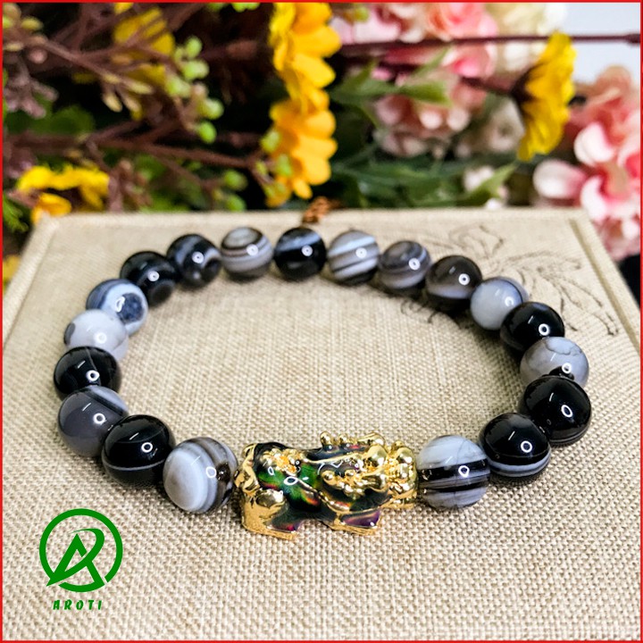Vòng Tay Phong Thủy Mệnh Thủy- Vòng Tay Nam Nữ Mã Não Vân mây Mix long quy Vàng Đổi Màu 8mm V375-8