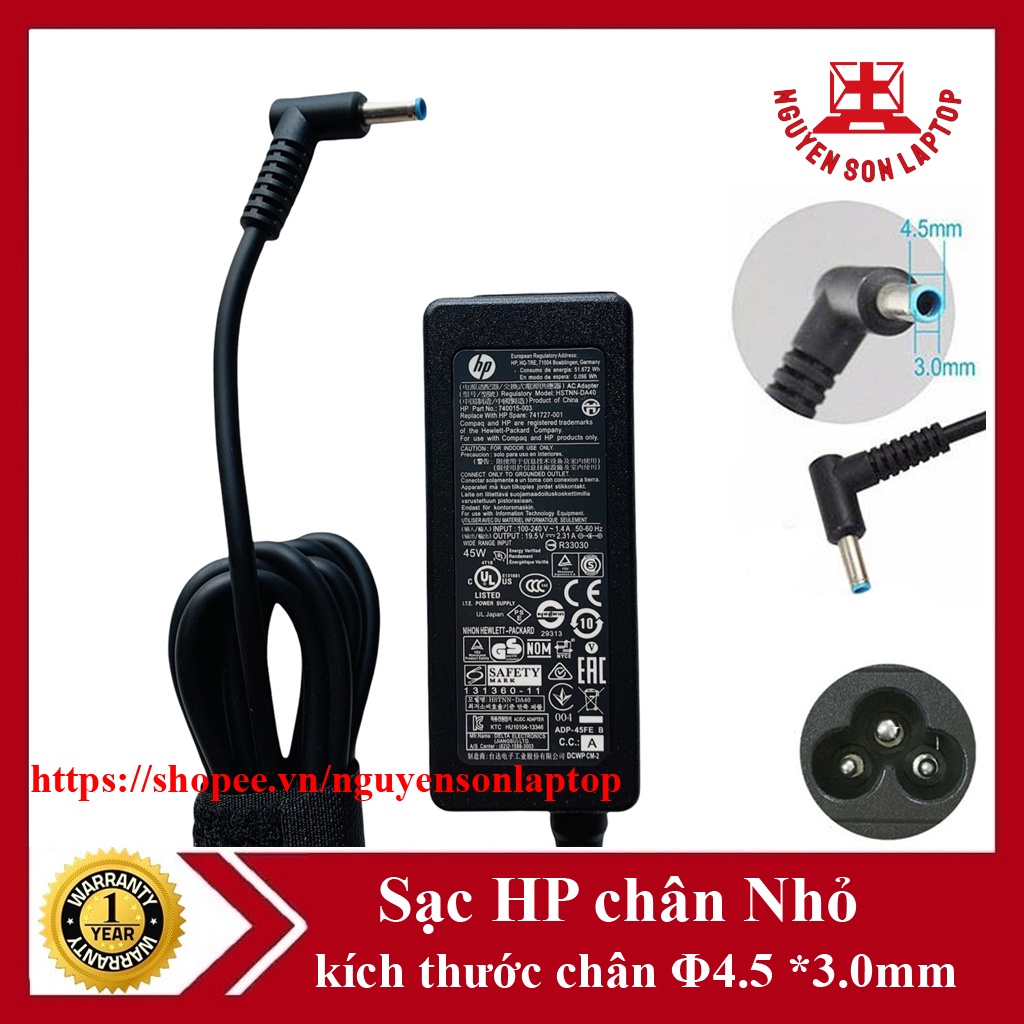 Sạc laptop HP 19.5V 2.31A 45W Chân Kim Xanh kèm dây nguồn NEW 100%
