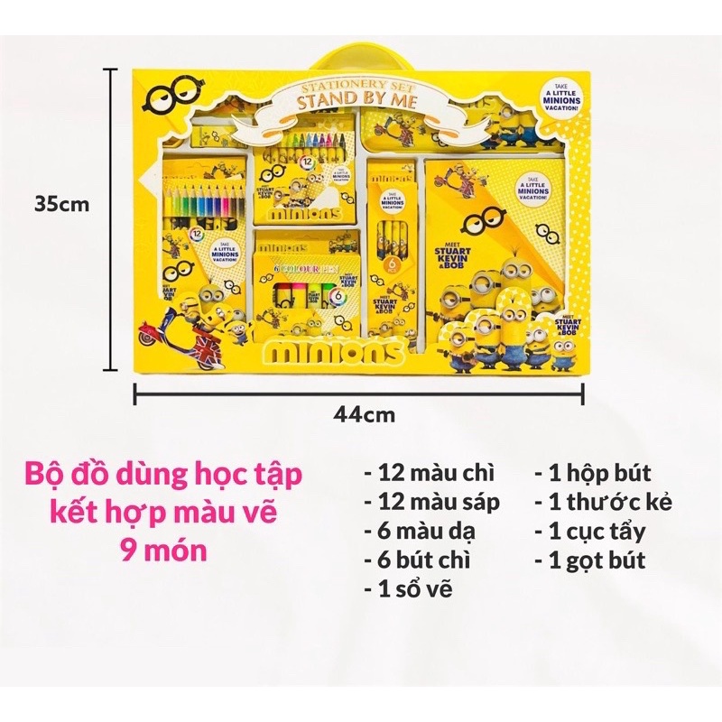Bộ đồ dụng cụ học tập cho bé 9 món kết hợp bộ màu vẽ nhiều mẫu, hộp quà tặng