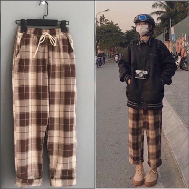 Quần dài kẻ caro ô to màu nâu và đen unisex - Culottes suông ống rộng, pants cá tính hàn quốc phong cách ulzzang