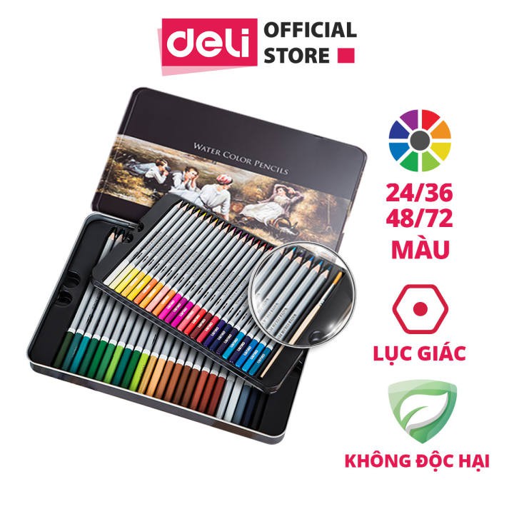 BÚT CHÌ MÀU NƯỚC CAO CẤP DELI - CÓ KÈM CỌ TÁN - BỘ 24/36/48 MÀU - 6521/6522/6523